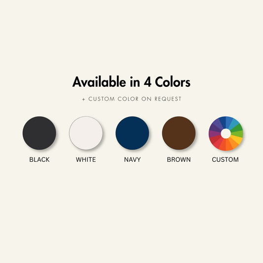 Stand color chart showing black, white, navy and brown, with custom colors available on request.