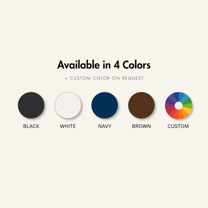 Stand color chart showing black, white, navy and brown, with custom colors available on request.