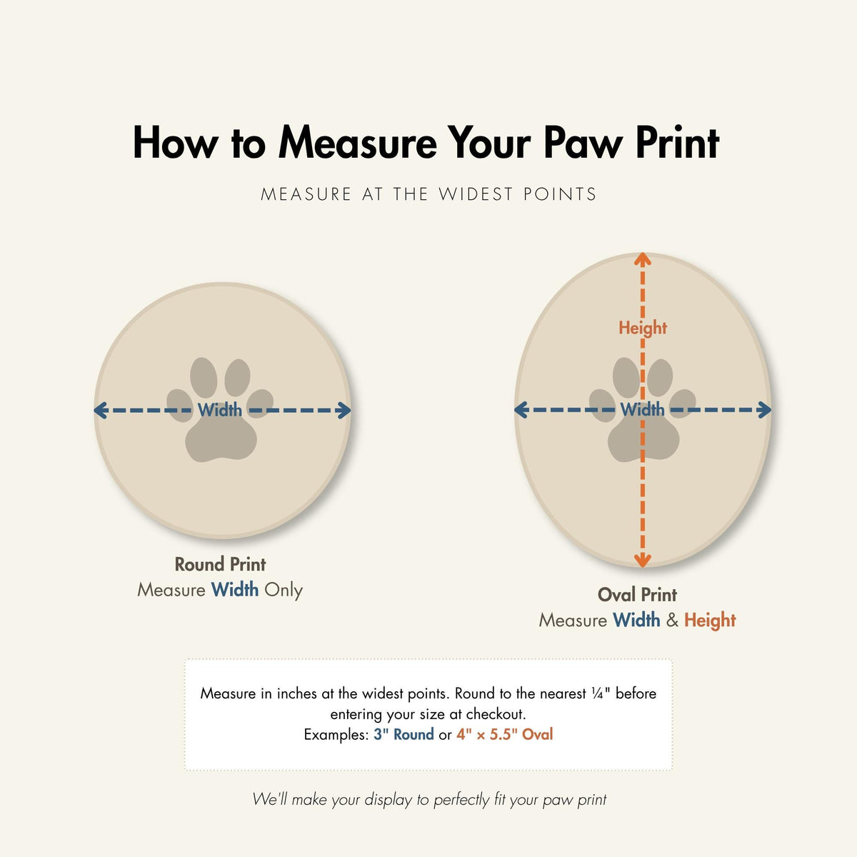 Paw print measuring guide: measure round width or oval width and height at the widest points, in inches, rounded to the nearest quarter inch.